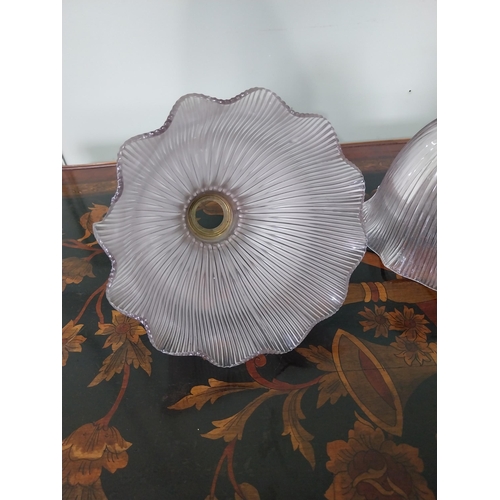 39 - Three early 20th C. halophane glass shades with brass galleries. {14 cm H x 18 cm Dia.}.