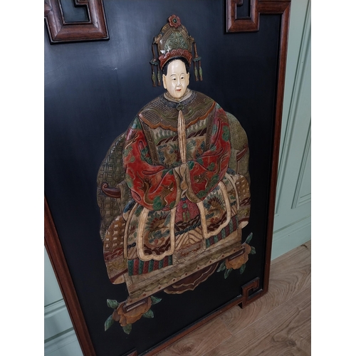 49 - Pair of decorative hardwood Oriental panels depicting Emperors. {105 cm H x 66 cm W}.