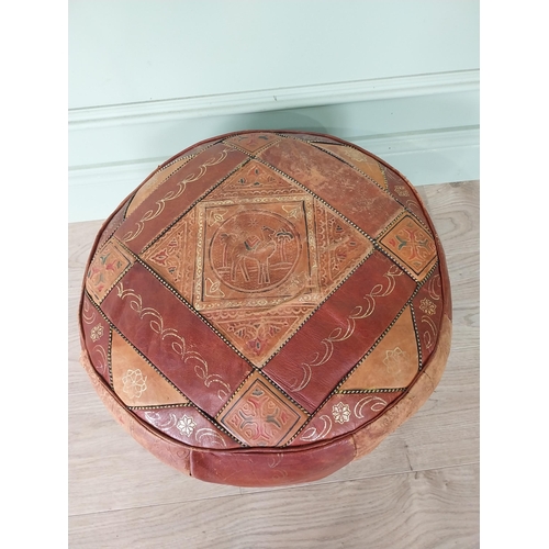 53 - Decorative leather upholstered pouffe. {30 cm H x 50 cm Dia.}.