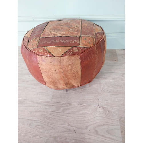 53 - Decorative leather upholstered pouffe. {30 cm H x 50 cm Dia.}.