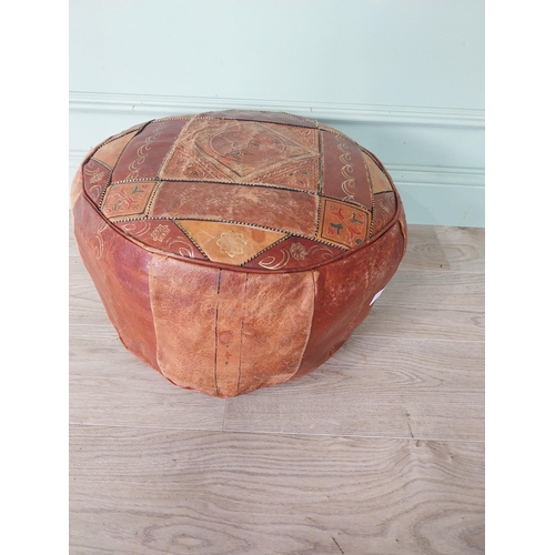 53 - Decorative leather upholstered pouffe. {30 cm H x 50 cm Dia.}.