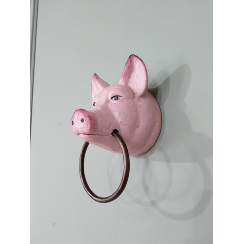 54 - Cast iron wall mounted Pig towel holder. {20 cm H x 15 cm W  x14 cm D}