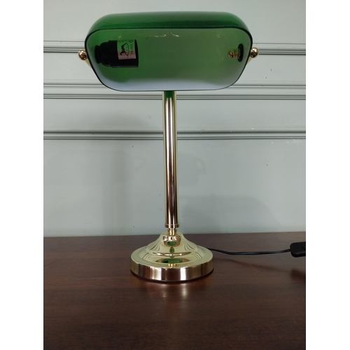 8 - Good quality brass banker's lamp with green glass shade. {38 cm H x 28 cm W x 20 cm D}.