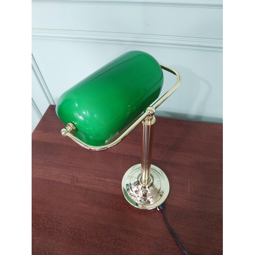 8 - Good quality brass banker's lamp with green glass shade. {38 cm H x 28 cm W x 20 cm D}.
