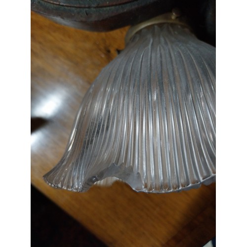 39 - Three early 20th C. halophane glass shades with brass galleries. {14 cm H x 18 cm Dia.}.