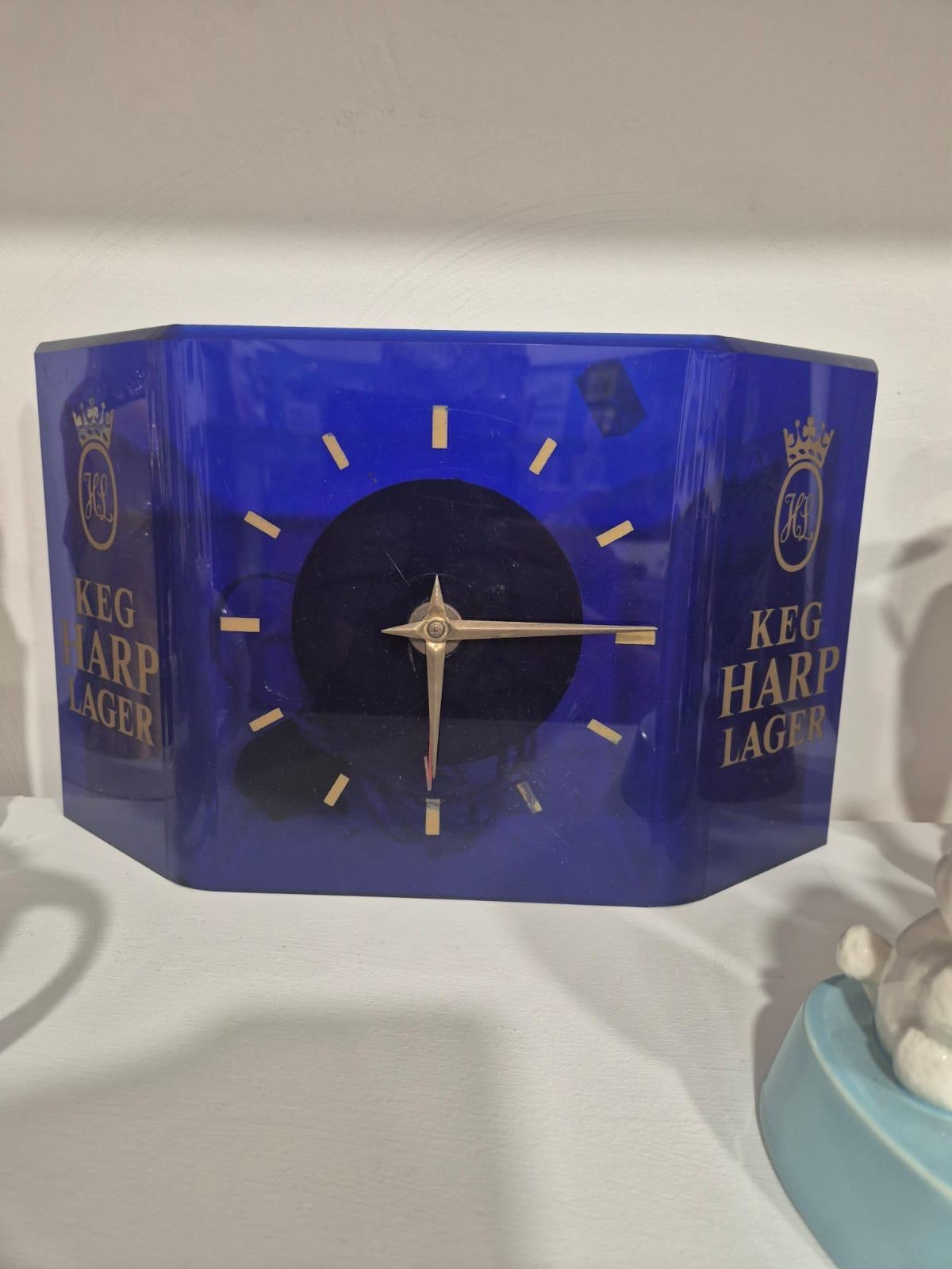 Keg Harp Lager advertising perspex clock {20cm H x 33cm W}
