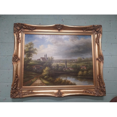 977 - Large Countryside scene oleograph mounted in giltwood frame {124 cm H x 158 cm W}.