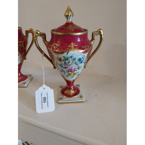 100 - Pair of early 20th. C. hand painted French ceramic lidded urns, decorated with flowers. { 19cm H X 1... 