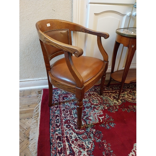 117 - Pair of good quality Edwardian oak open armchairs with leather upholstered seats, raised on turned l... 