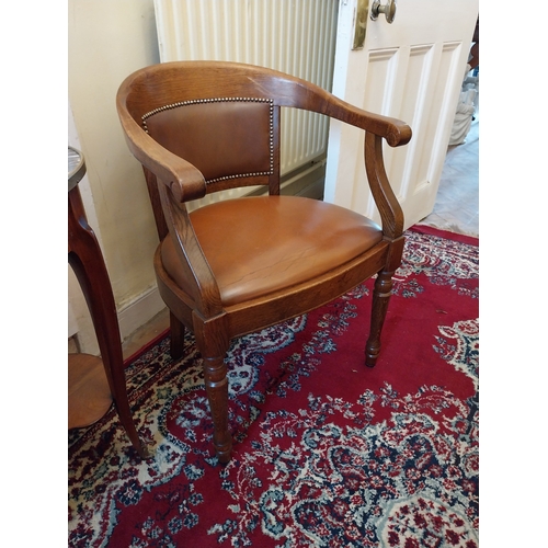 117 - Pair of good quality Edwardian oak open armchairs with leather upholstered seats, raised on turned l... 