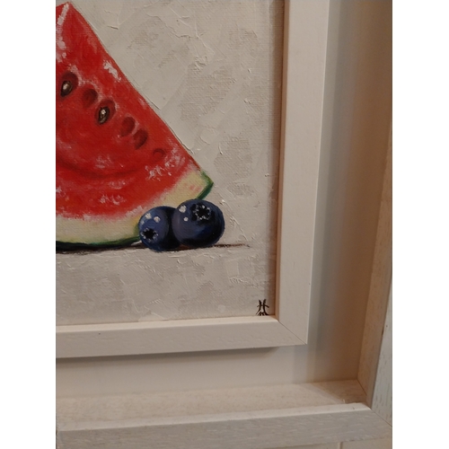 123 - John Honrubia Watermelon Slice Still Life, Signed Oil on Board. { 19cm H X 19cm W }.