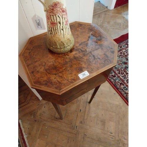 125 - 19th. C. burr walnut with satinwood inlay sewing table, raised on square tapered legs. { 68cm H X 40... 