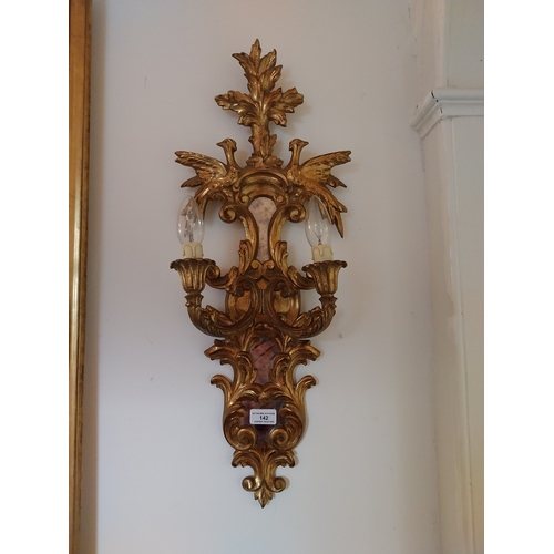 142 - Near pair of Irish gilt wall ensconces, decorated with Ho Ho birds. { 69cm H X 27cm W X 13cm D }.