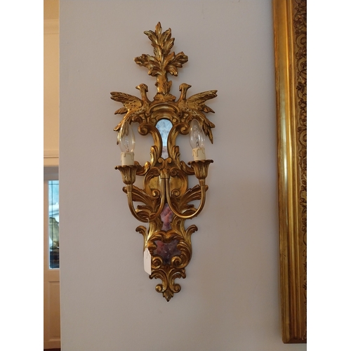 142 - Near pair of Irish gilt wall ensconces, decorated with Ho Ho birds. { 69cm H X 27cm W X 13cm D }.