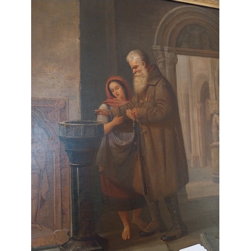 143 - Heinrich Leinweber 1836  - 1908 Continental School Girl Leading a Blind Man in A Church Oil on Canva... 