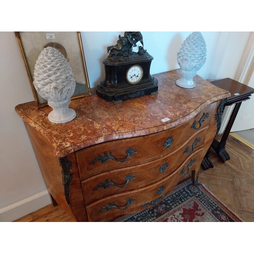 147 - 19th. C. French kingwood and ormulo mounted commode with marble top. { 84cm H X 120cm W X 52cm D }.