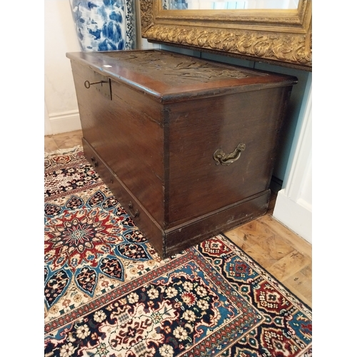 149 - 19th. C. oak blanket box, with decorative carved panel. { 60cm H X 101cm W X 55cm D }.