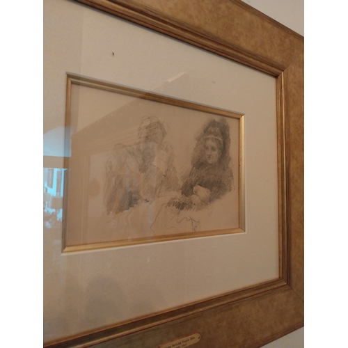 151 - Jack Butler Yeats - The Conversation  - Pencil drawing on paper, mounted in a gilt frame. { 15cm H X... 