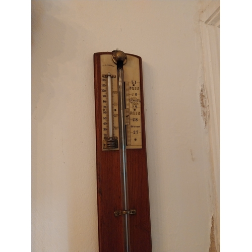 157 - 19th. C. oak barometer with bone mounts, by A E Davis. { 92cm H X 10cm W }.