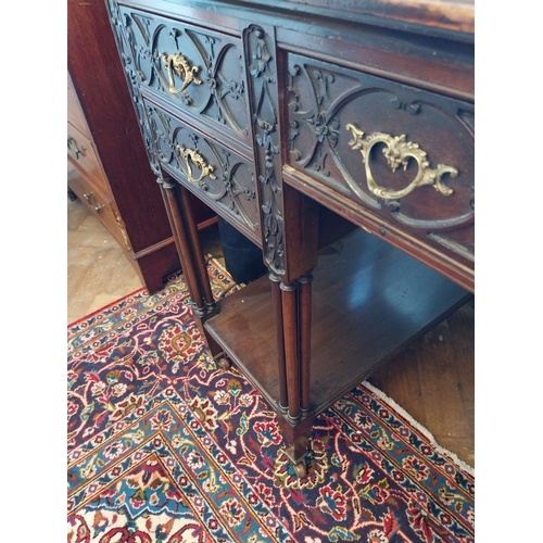199 - Edwardian mahogany knee hole desk with inset tooled leather top, in the Chippendale manner. { 78cm H... 