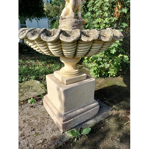 20 - Good quality moulded sandstone two tier fountain, decorated with Cherubs. { 230cm H X 120cm Dia }.