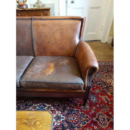209 - 1940's French hand dyed leather two seater sofa, raised on square legs { 86cm H X 152cm W X 78cm D }... 