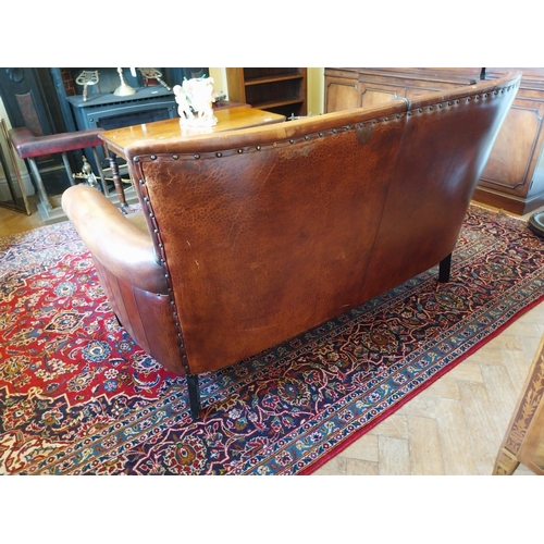209 - 1940's French hand dyed leather two seater sofa, raised on square legs { 86cm H X 152cm W X 78cm D }... 