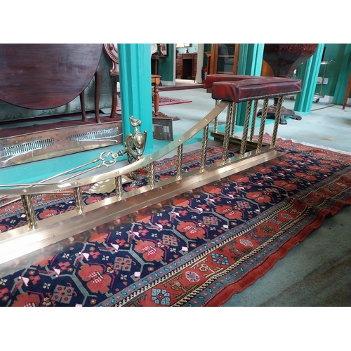 245 - Good quality Edwardian brass club fender with deep buttoned leather upholstered seat. { 47cm H X 241... 