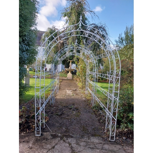 26 - Good quality wrought iron three arch rose walk. { 238cm H X 403cm L X 169cm W }.