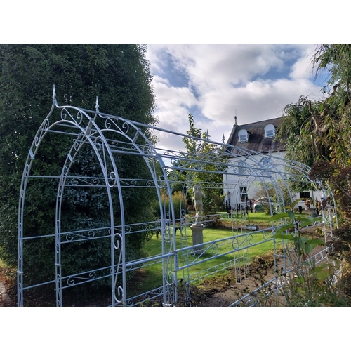 26 - Good quality wrought iron three arch rose walk. { 238cm H X 403cm L X 169cm W }.