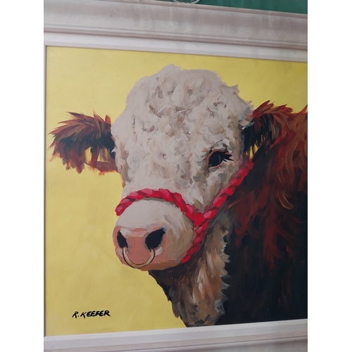342 - R. Keefer Bull on Yellow Oil on Board, mounted in a painted frame. { 60cm Sq. }.
