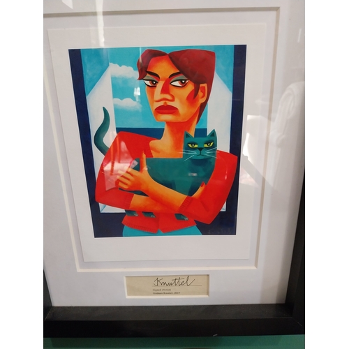 346 - Graham Knuttel The Lady and The Cat Coloured print,signed  mounted in a wooden frame. { 22cm H X 17c... 