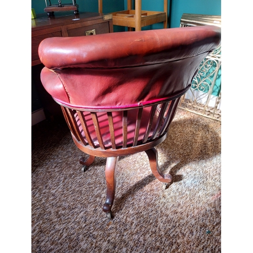 363 - Edwardian mahogany swivel office upholstered with hand dyed leather. { 84cm H X 50cm W X 60cm D }.