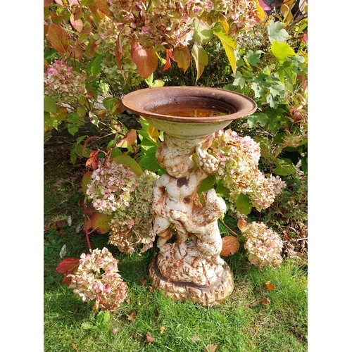 39 - Cast iron bird bath with Boy and Dog  { 66cm H X 33cm Dia. }.