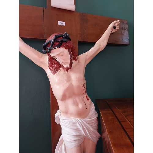 391 - Plaster and pine Religious cross. { 181cm H X 93cm W X 24cm D }.
