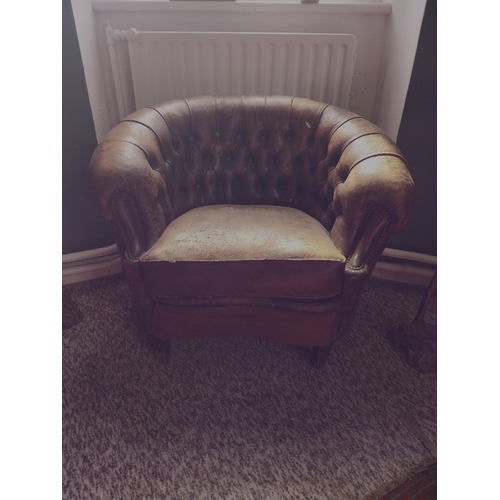 396A - Pair of early 20th. C. upholstered leather club chairs. { 75cm H X 93cm W X 75cm D }.