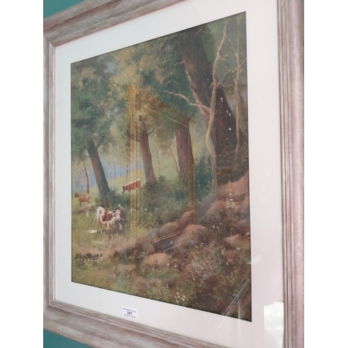 397 - Cattle Resting in Woodlands Oil on Board, mounted in painted frame. { 71cm H X 61cm W }.