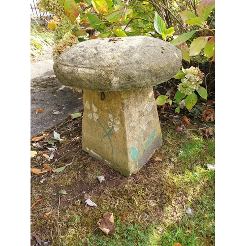 40 - 19th. C. sandstone staddle stone. { 50cm H X 47cm Dia. }.