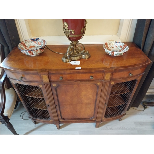 458 - Pair of exceptional quality satinwood inlaid side cabinets, the centr panelled door flanked by mesh ... 