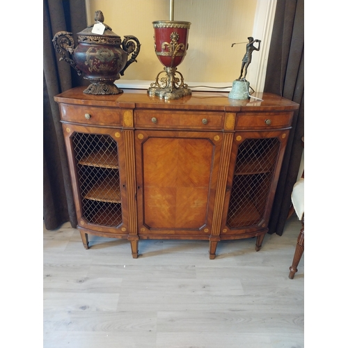 458 - Pair of exceptional quality satinwood inlaid side cabinets, the centr panelled door flanked by mesh ... 