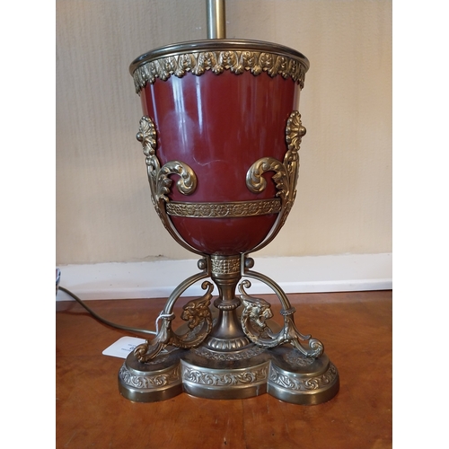 460 - Exceptional quality pair of 19th. C. gilded brass and ceramic table lamps, decorated with dragons wi... 