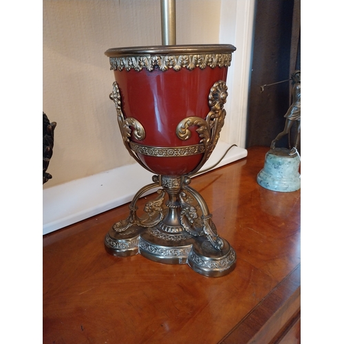 460 - Exceptional quality pair of 19th. C. gilded brass and ceramic table lamps, decorated with dragons wi... 