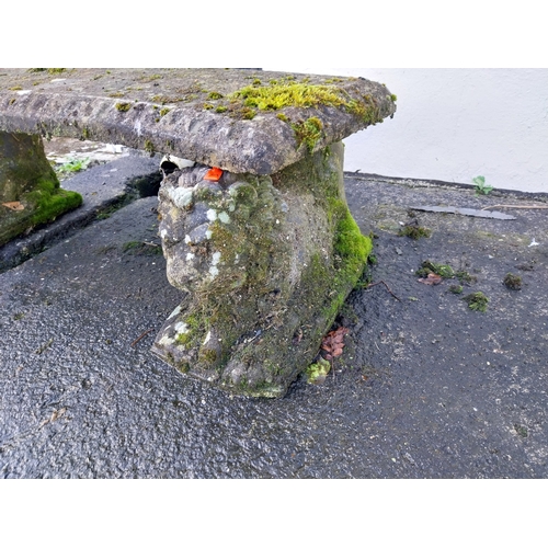 5 - Early 20th. C. weathered moulded sandstone bench, raised on lion supports. { 40cm H X 138cm W X 58cm... 