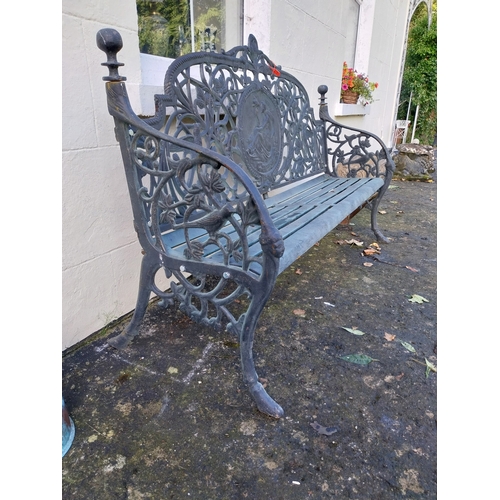 7 - Decorative French cast iron three seater garden bench. { 112cm H X 187cm W X 60cm D }.