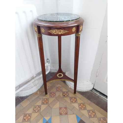 74 - Pair of French mahogany jardiniere stands with ormolu mounts and marble inset tops. { 84cm H X 23cm ... 