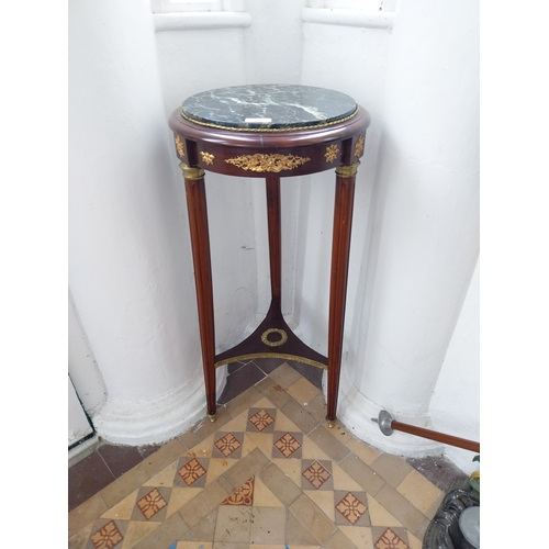 74 - Pair of French mahogany jardiniere stands with ormolu mounts and marble inset tops. { 84cm H X 23cm ... 