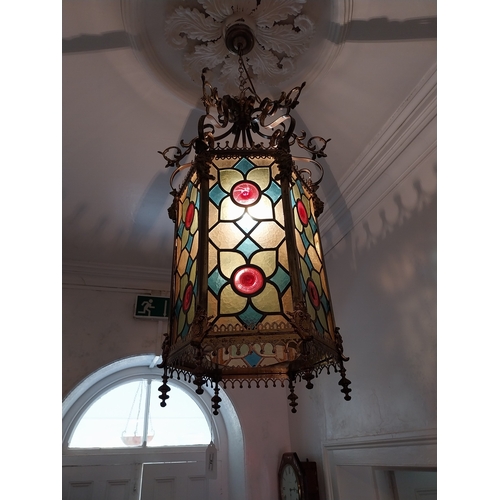 84 - 19th. C. gilded brass and stained glass hall lantern { 87cm H X 39cm Dia }.