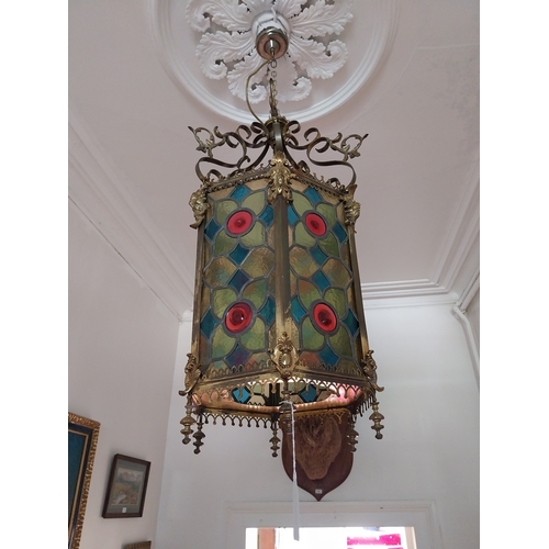 84 - 19th. C. gilded brass and stained glass hall lantern { 87cm H X 39cm Dia }.