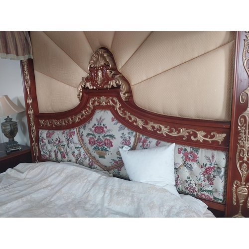 922 - Good quality mahogany and gilt four poster bed in the Regency style. {248 cm H x 240 cm W x 225 cm D... 