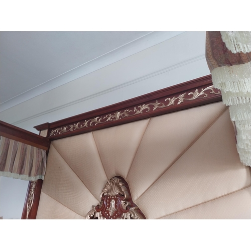 922 - Good quality mahogany and gilt four poster bed in the Regency style. {248 cm H x 240 cm W x 225 cm D... 